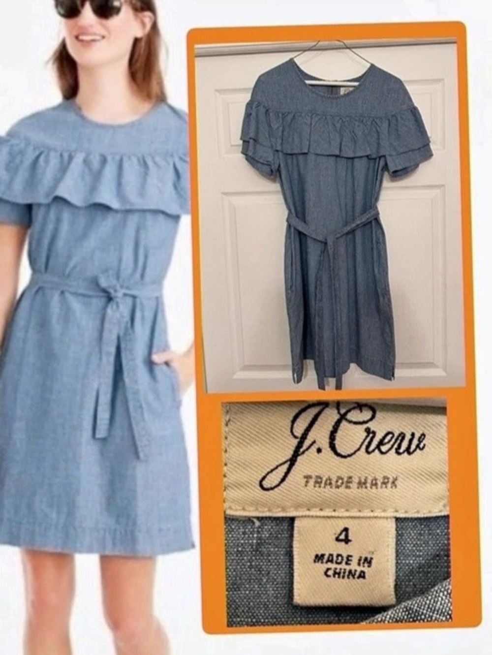 J.Crew Edie Ruffle Chambray Dress Midi Dress Blue Size 4